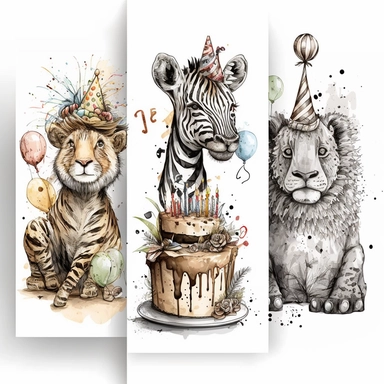 3 clipart set, with lion wearing birthday hat, zebra eating birthday cake, giraffe holding present, white background, illustration, drawing, doodle, aquarelle