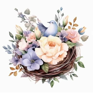 realistic Watercolor floral bouquet bird Nest clipart, be creative and detailed, white background