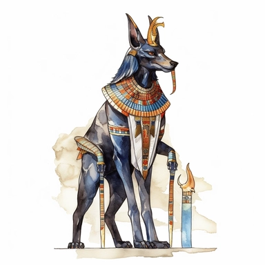 Clipart, watercolor, white background: An ancient Egyptian deity, such as Isis, Horus, or Anubis, depicted in a traditional pose, embodying their respective roles and attributes in the ancient pantheon.