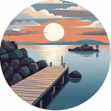 clipart picture of a dock, shore of beach, white clean edged circular background, clean lines and edges