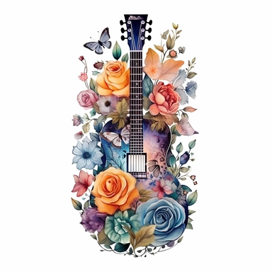 clipart de guitarra española con mariposas y flores, acuarela, 16k, hiper minimalista, megapixel, full color, super detailed,insanely detailed and intricate, ultra detallado