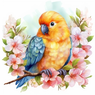 A cute happy parrot sitting proudly on a spring branch, looking off into the camera, with a few spring blossoms and leaves framing the scene, vivid colors, watercolor by Thomas W. Shaller, clipart, solid background, 8k