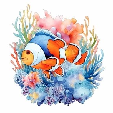 watercolor clown fish and sea anemones, shades of coral turquoise yellow and blue, glamorous, very detailed and realistic, white background with margins, clipart style