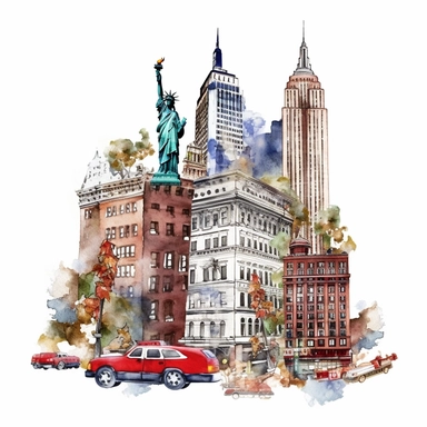 1 detailed travel clipart New York in the style of Watercolor clip art, clipart, on a white background