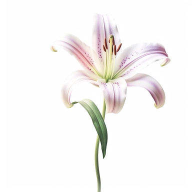Peaceful pastel lily clipart against a pristine white background. The illustration showcases a serene pastel lily with graceful petals and slender green stems. The color palette includes soft shades of pink, lavender, and green. The white background adds a contemporary and clean setting, allowing the lily to emanate its tranquil beauty. The lighting is soft and luminous, casting a gentle glow on the flower and creating a sense of serenity. The atmosphere exudes a feeling of calmness and inner pe