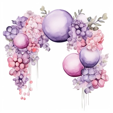 clipart, watercolor, detailed, realistic. balloon arch for baby shower girl, pink and lilac balloons, flowers, light tone, PASTEL. white baCKGROUND