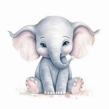 nursery cartoon clip art, cute baby elephant, soft pastel colors, clean isolated image, plain white background