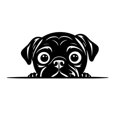 Simple outline of a front - facing crooked head happy Pug dog head peeking with front paws, cute clipart, flat 2d vector, minimalist, black and white, kids cartoon, svg cut file, line art drawing, white isolated background