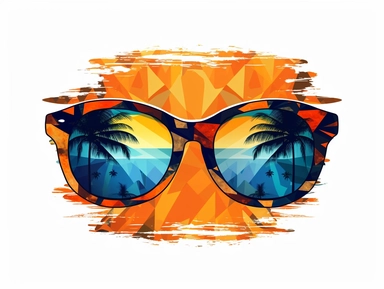 a logo for the sunglasses and surfs,Ray-Ban's eyeglass shapes， in the style of randy vargas, dark azure and amber, danny flynn, happenings, vaporpunk, wry, reflections，All the patterns are in the glasses，clipart，white blackground，