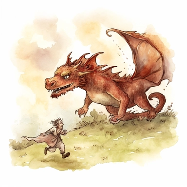 brownish reddish medieval dragon chasing after peasants who are running away from him in fear watercolor clipart no fonts no words no letters