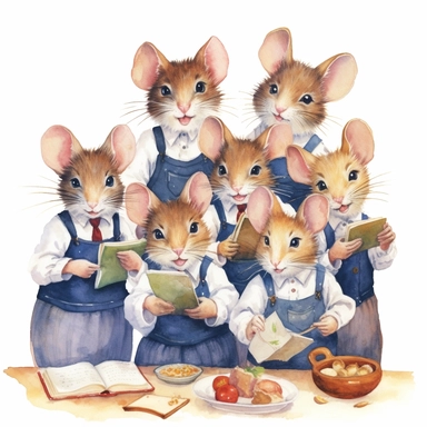 a group of school mouse kids eating lunch, school uniform, detailed, hd, watercolor, white background, clipart