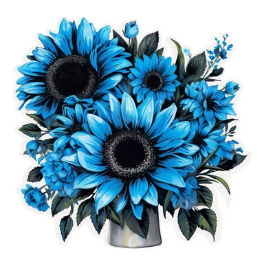 Behold a magnificent bouquet of blue sunflowers, their majestic petals dancing gracefully with hints of cerulean and azure hues. The contrast of their vibrant blue against the inky black centers captivates the eye and evokes a sense of wonder. With a whiteground in clipart
