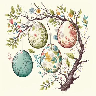 funny drawn sketch easter eggs with romanian traditional pattern hanging on a tree branch with flowers on white background, artistic painting, easter scene, add some spring leaves, add some flowers,add some birds, spring pastel colors, watercolor, Michelangelo style, clipart, 2d, sketch style, no text, no logo