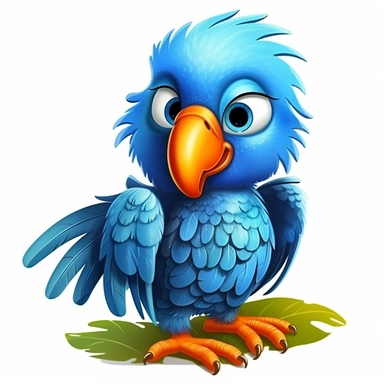 a cartoon like blue parrot with an orange beak, full body, full of blue feathers, unhappy, sad, looking down, depressed, children book style illustration, clipart style, HD, highly detailed, no watermark –ar 3:2 634894548