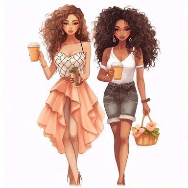 summer, african american best friends, long curly hair clipart girlfriends, full body, fashion, pretty face. holding Chanel purse, and one Starbucks coffee, illustration