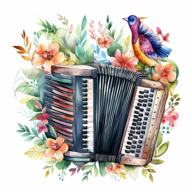 A vintage accordion with a watercolor background featuring a variety of colorful flowers, vines, and leaves, with a small bird perched on top of the accordion. This clipart would be perfect for use on invitations or posters for spring or summer music festivals, Full HD Colorfull Watercolor, 8k