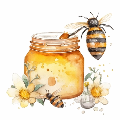 watercolor busy bees cute clipart high resolution, with honey pot and honey spoon on whitebackground