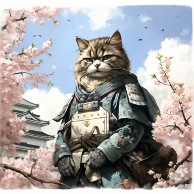 cherry blossoms laden on Osaka Castle Bottom, cheerful Ragdoll Cat cosplay wearing a samurai armor, Clipart Watercolor By Yuzo Komori. clean line, white background, spaced out