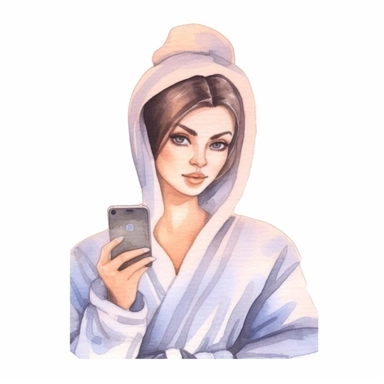 a feminine minimal watercolor sticker of a woman taking a selfie in a bathrobe. Watercolor. Clipart. Neutral color palette. White background. Artistic illustration. Minimal. Hand-drawn.