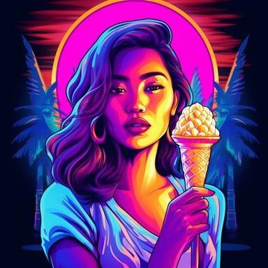 Illustrate a clipart image showcasing a beautiful thai woman with radiant eyes that shine brightly eating a glow in the dark, neon, ice cream on a cone. Use a rich and diverse color palette to enhance her appearance, and ensure the image is detailed and crisp. The background should be pure white