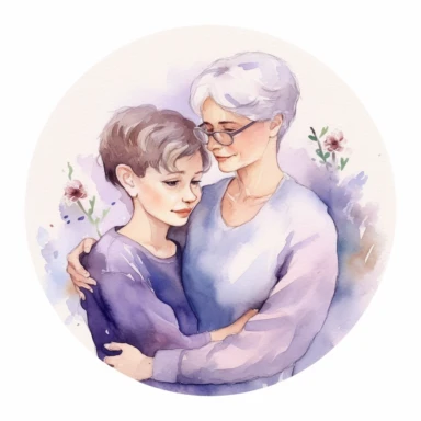 cute watercolor clipart with pale skinned older mom and adult son hugging echother in circle, beautiful, hight quality, pastel colors, white background, decorated with white lilas