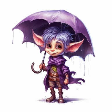 Cute Adorable magical little Elf with big pointed ears holds a umbrella in his hand wears a raincape and stand in the rain on a country road, clipart, photorealistic illustration, watercolor, high detail, 8k polished, 8k, vibrant colors, sticker, majestic, die cut, black and purple color, white background