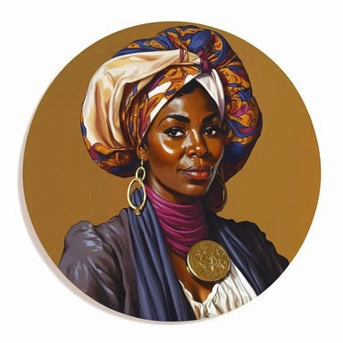 regency African female elf elven noble guild merchant politician, Josh Kirby Mad Max Lord of the Rings, handpainted enamel punk zine indie retrowave, clipart illustration character portrait, circle white background