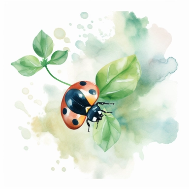Create a charming clipart illustration suitable for a watercolor, featuring a friendly ladybug strolling on a four-leaf clover, set against a clean white background. Emphasize the whimsical nature of the scene by giving the ladybug endearing features and using bright, bold colors. Incorporate simplistic shapes and clean lines to capture the essence of a illustration, while maintaining the visually appealing style of clipart. The white backdrop adds a fresh and modern touch to the design