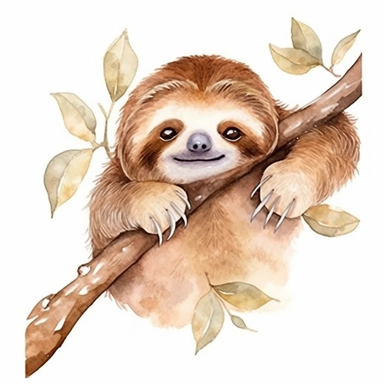 watercolor clipart, white background, charming cute and adorable perfect sloth hanging from a tree branch, perfect for a whimsical and relaxing sticker, perfect for whimsical print on demand