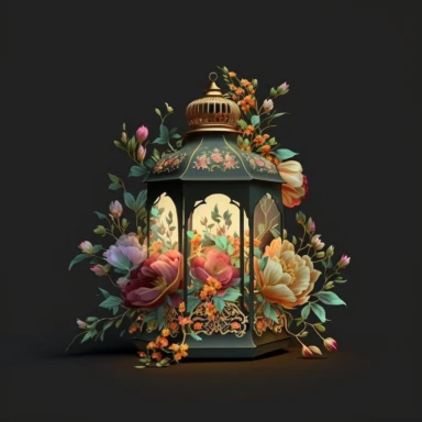 ultra realistic clipart, islamic lantern with delicate flowers around, 4k,