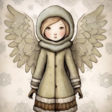 a cartoon girl snow angel, in the style of tim holtz, cfa voysey, detailed costumes, humor meets heart, muted colours, toyen, mono-ha, clipart--ar 2:3