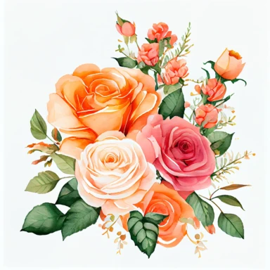 one bouquet arranged roses watercolor clipart, the colors are Apricot Orange and Bubblegum Pink arranged clipart, watercolor, 8k, white blank background