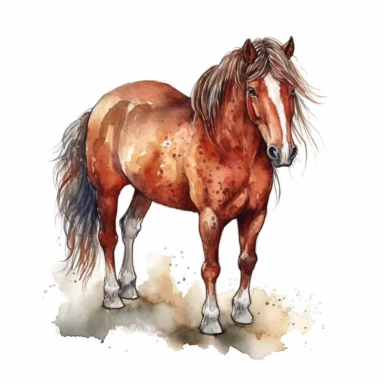 drawn illustration of adorable mustang horse clipart, digital art, HD, white background, watercolor, clean line art
