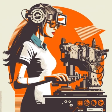vr headset, virtual reality, industrial worker, woman, poster, learning in vr gogle, repairing machine, simplistic, abstract, vector, 2d illustration, clipart, few colors, industrial, hi-tech