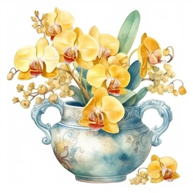 Realistic watercolor yellow orchids, vintage terracotta pot with acetabulum, mat, isolated white background, clipart, hd quality