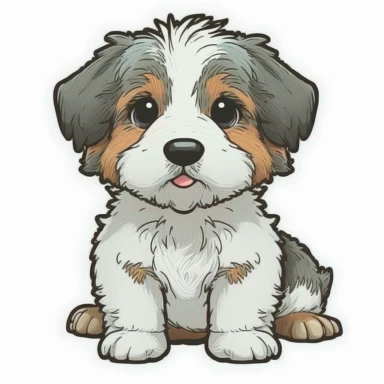Sticker, cartoon of mutt mixed puppy, cute, funny, clipart style, vector style, character by Cory Loftis, white background