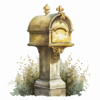 clipart, regency mailbox, frontview, muted yellow color, watercolor, full color on white background