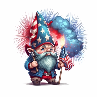cute patriotic gnome holding american flag in the style of artgerm, fireworks in the back, clipart, pixel art, on white background