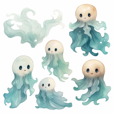 cute ghost watercolor clip art, in the style of light beige and dark aquamarine, varied brushwork techniques, wavy resin sheets, elaborate, colorful, rollei prego 90, haunting figuratism