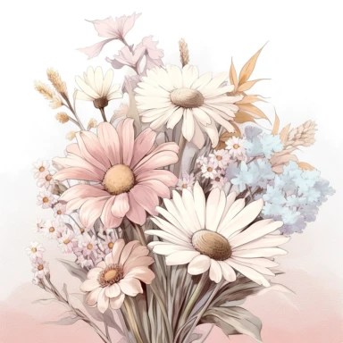 A digital illustration of a wild flower pastel clipart, featuring a soft and delicate depiction of various wildflowers in a pastel color palette. The clipart showcases an assortment of charming wildflowers, such as daisies, lavender, and tulips, rendered with gentle brushstrokes and muted tones. The pastel colors evoke a sense of serenity and tranquility, creating a dreamy and ethereal atmosphere. Against a clean white background, the wild flower pastel clipart stands out with its soft and roman