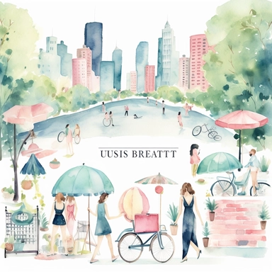 Hand-painted watercolor clipart set on white background featuring the liveliness of an urban summer day. This set portrays the urban scene in full swing, with city skylines, busy markets, street performers, and people enjoying picnics in the park. The color palette combines bold and subtle hues of blues, pinks, and greens, capturing the essence of a vibrant urban summer. Painted with expressive brushstrokes, inviting you to experience the energy and diversity of the city by David Johnson.