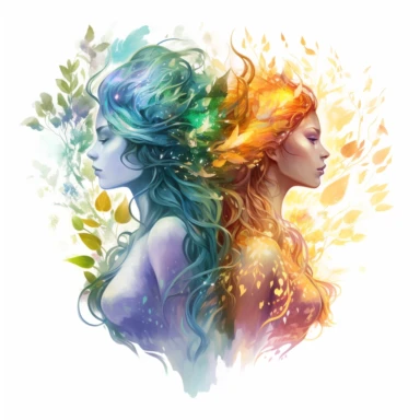 Ethereal nature elemental witches, representing (earth, fire, water and air )Clipart sheet in the style of Anna Dittmann, vivid, separated with a margin, white background