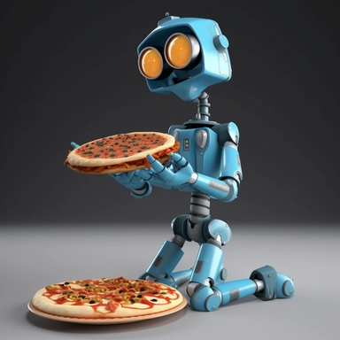 please create pixar style character clipart of full body view of robot eating slice of pizza