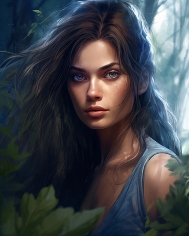 hyper realistic image of a beautiful woman, with blue, bright eyes, wandering in the wild, clipart style