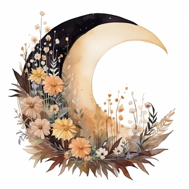 watercolor moon over flowers illustration clipart, in the style of use of earth tones, pastel colored flowers, intricate storytelling, golden palette, rounded, ephemeral installations, elaborate borders, romanticized depictions of wilderness, clipart, blank white background.