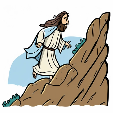 Clipart of Jesus climbing a hill. Simple. 2D. Comforting cartoon. Cell Shaded. LDS Primary Style.