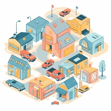 map with some houses and oversized garages and storage units, some cars flat illustration stylized clipart, for landing page, light blue, yellow, Kawaii Pastel, white background