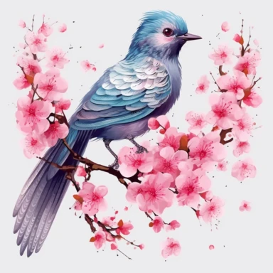 bird with pink blossoms, a cherry blossom flower white background png clipart, in the style of optical illusion paintings, sopheap pich, yuumei, aerial view, islamic calligraphy, catherine nolin, dark white and sky-blue