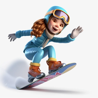 cute young girl snowboarding in action on snowboard, smiling, full body, downhill snowboard clipart, Sport graphics, wide angle, 16k polished, isolated on white background, 3d, rendered by pixar