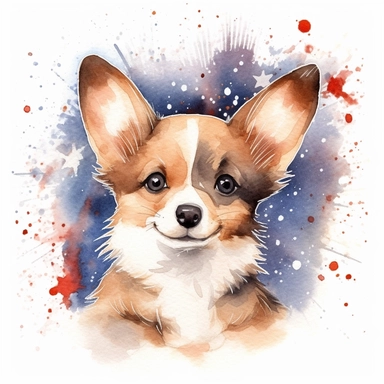 watercolor clipart. cute baby black and brown corgi celebrating the fourth of july. Surrounded by stars and fireworks--s700--ar16:9